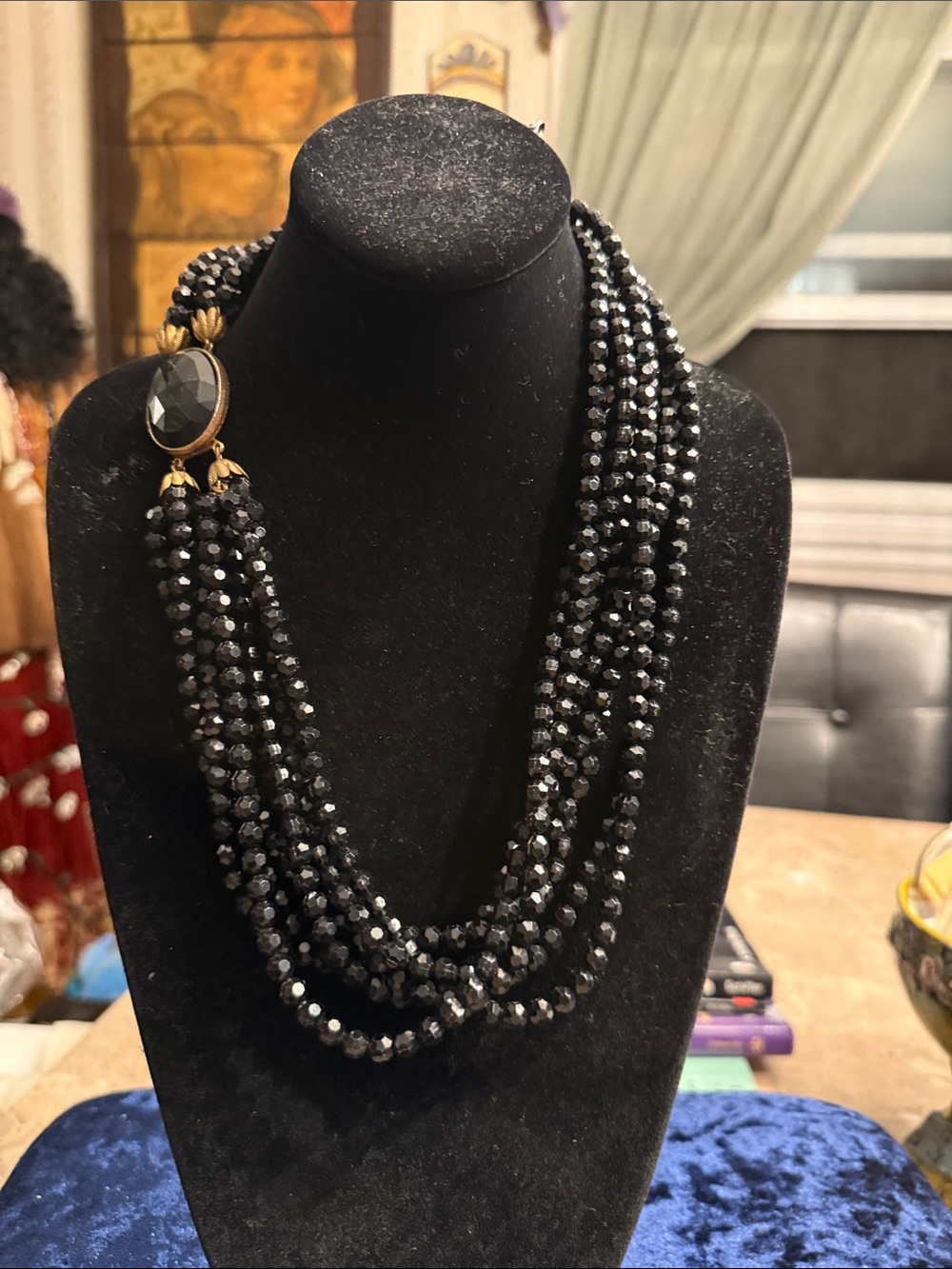 Vintage 1940 faceted resin bead eight strand necklace with darken, gold tone